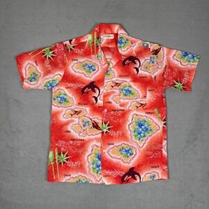Vintage 60s 70s Hukilau Fashions Hawaiian Shirt Mens L Island Map Aloha Honolulu